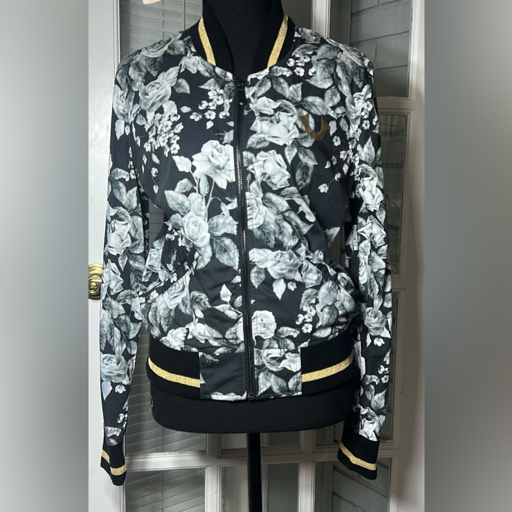 True Religion Floral Bomber Jacket Zip Black/White/Gold Women's Size S/P